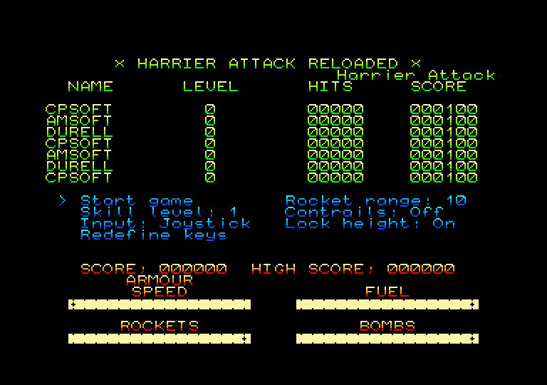 Harrier Attack Reloaded Menu
